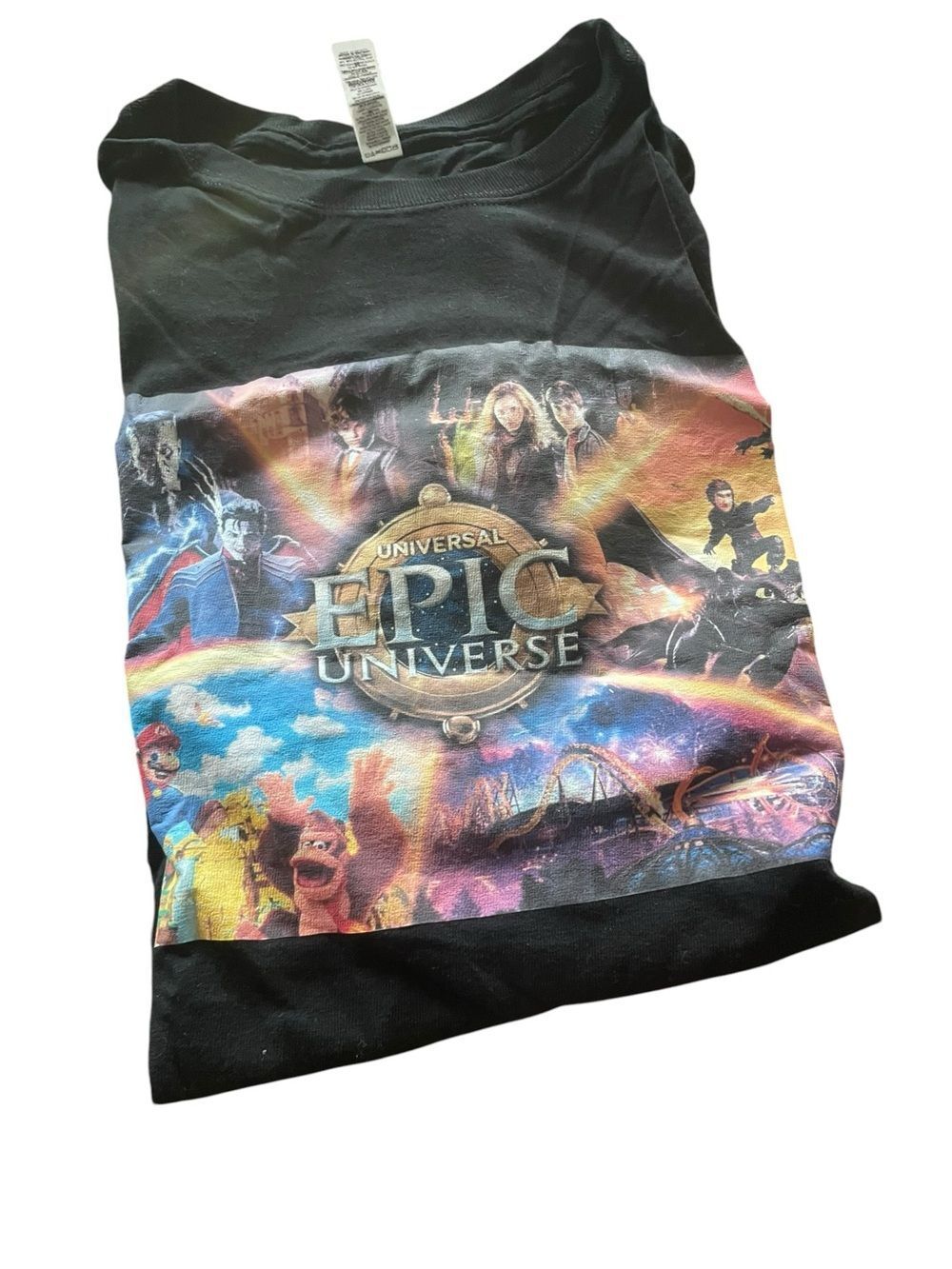 Universal Epic Universe women’s Graphic Tee - Black with Multicolor Print sz med